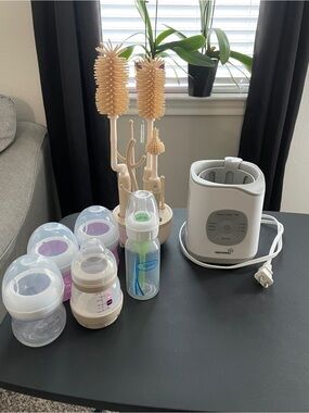 Baby Bottle Set with Sterilizer & Brush Stand - White & Beige